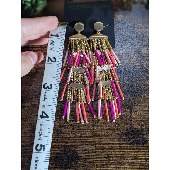 NWT Rebecca Minkoff Beaded Fringe Statement Drop Earrings Pink Women's Size OS - Picture 4 of 6